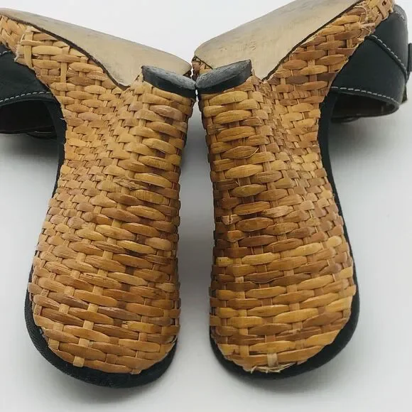 Anne Klein Wedge Sandal 7.5 Black Leather Straw Women AKHagan - Picture 7 of 15